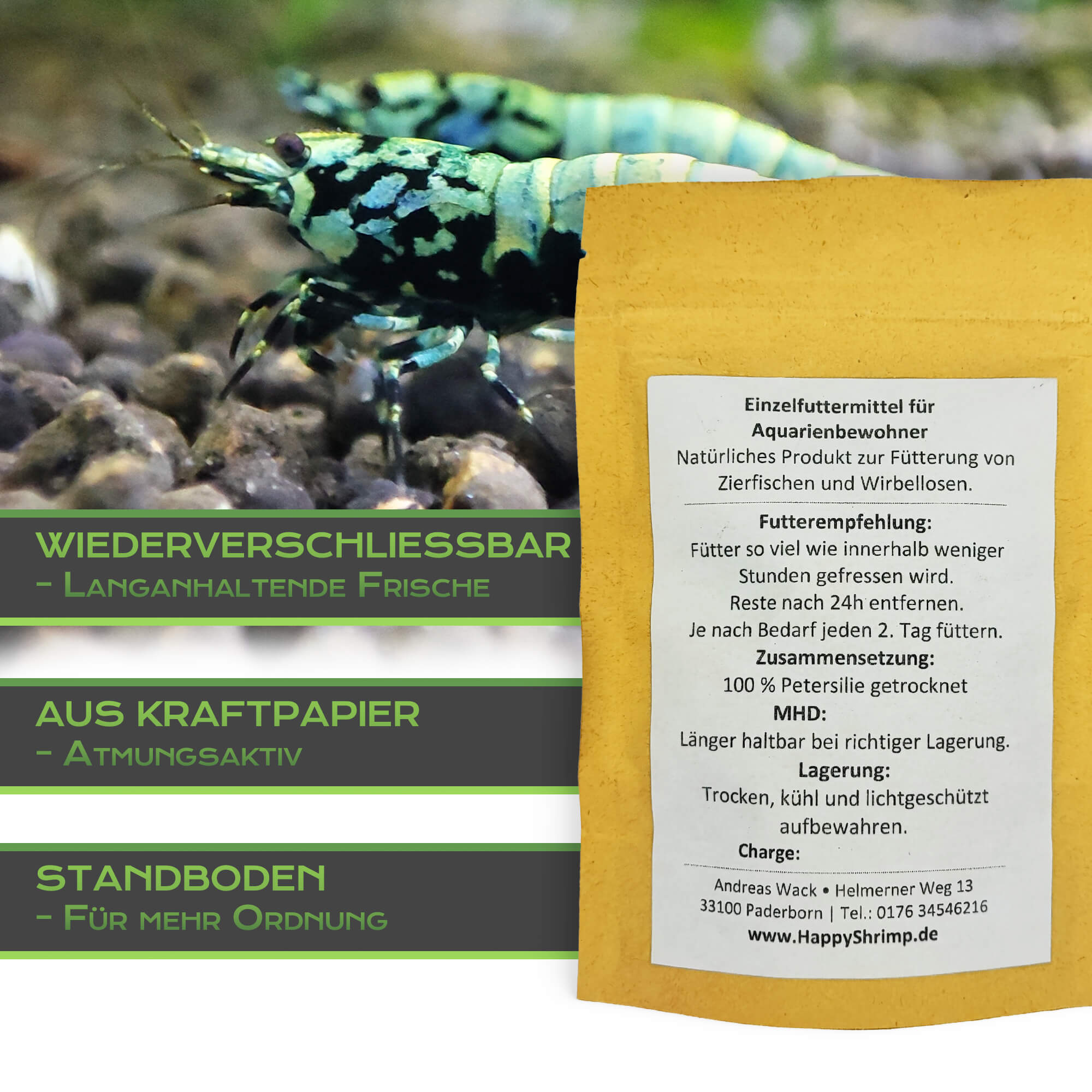 Petersilien Futtersticks für dein Garnelen Aquarium. Beliebt als, Garnelenfutter, Schneckenfutter, Krebsfutter oder für Welse.