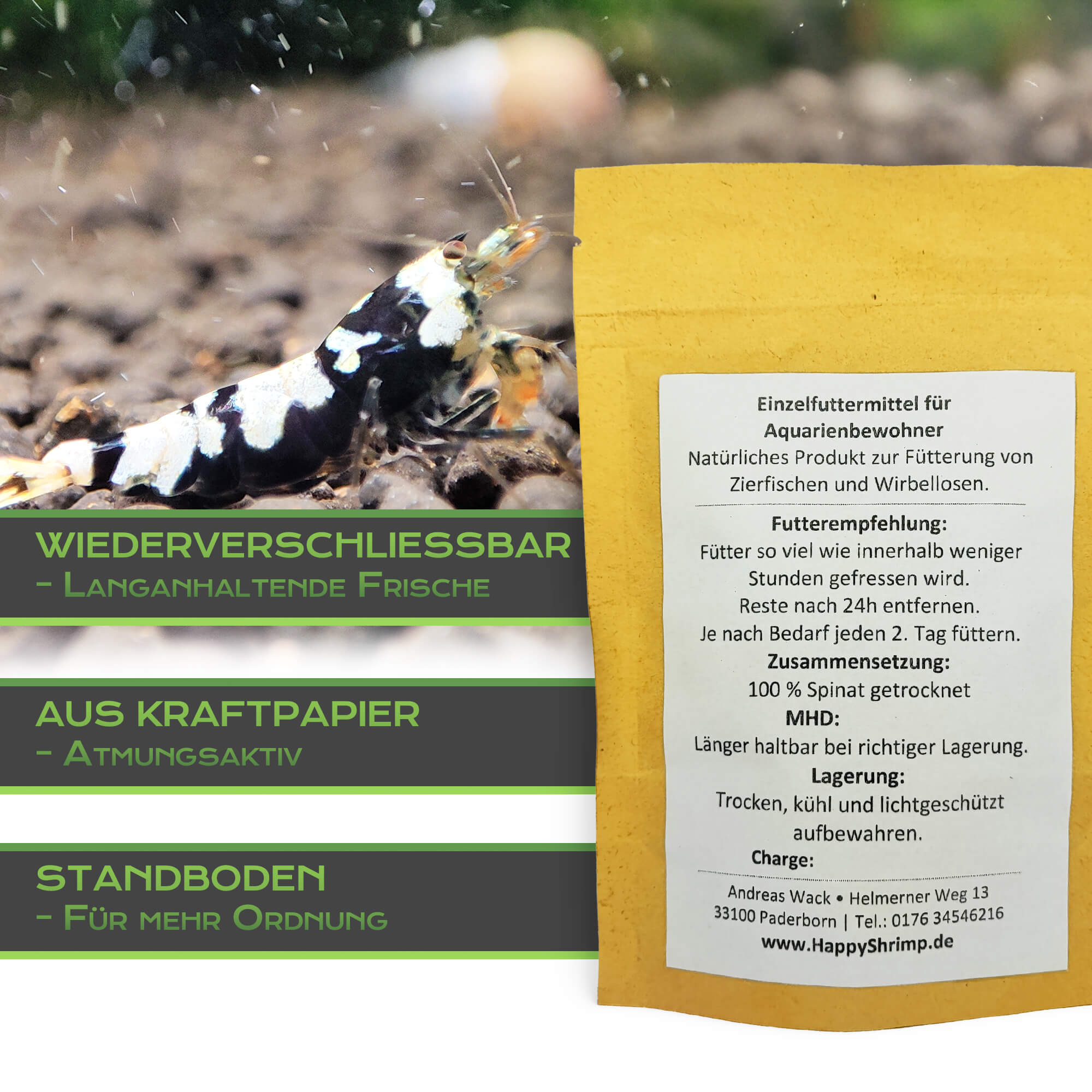 Spinat Futtersticks für dein Garnelen Aquarium. Beliebt als, Garnelenfutter, Schneckenfutter, Krebsfutter oder für Welse.