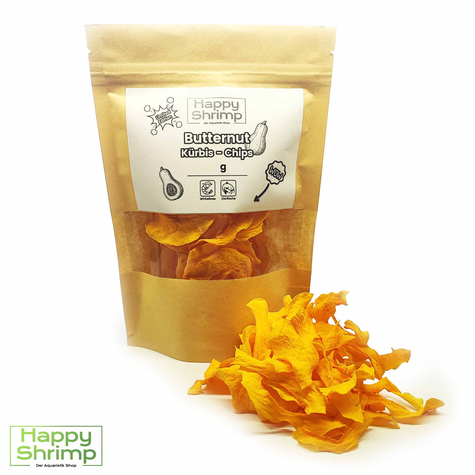 Butternut Chips futter für Garnelen Limited Edition Butternut Kürbis Chips sind zwar in der Aquaristik nicht so beliebt wie Hokkaido Chips, dennoch super lecker für Garnelen, Krebse, Welse und Schnecken.