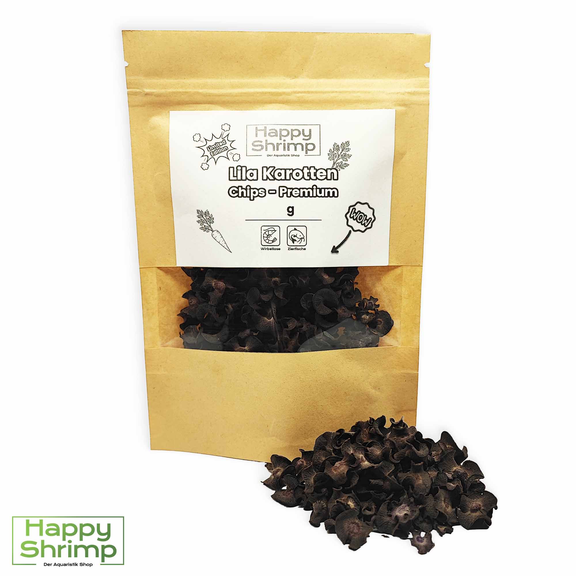 Unsere Lila Karotten Chips werden aus hochwertigem Gemüse hergestellt. Perfekt für dein Aquarium als Futter für Garnelen, Krebse, Welse uvm.