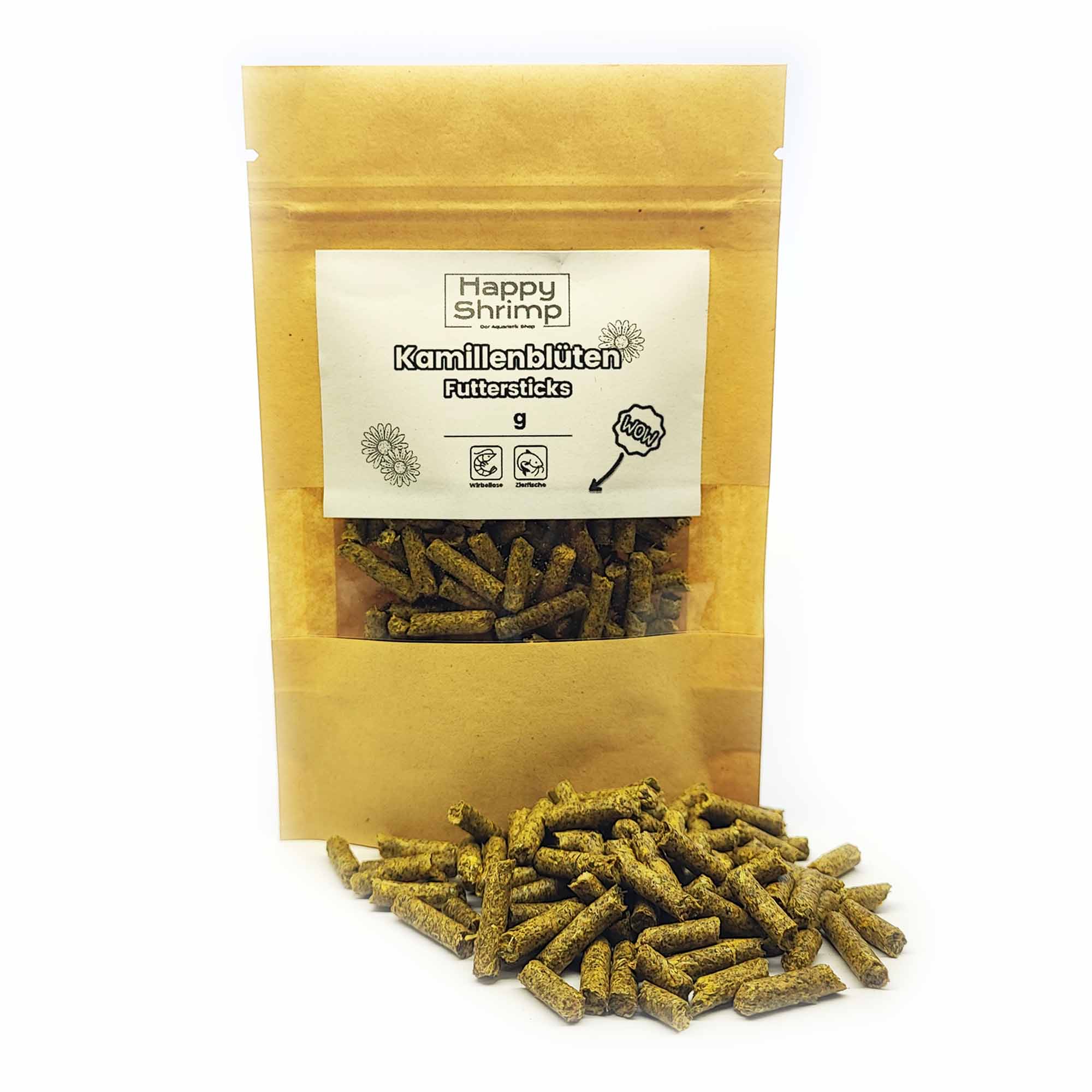 Kamilleblüten Futtersticks - Futter für Garnelen, Krebse, Schnecken und Welse Kamillenblüten Futtersticks eignen sich optimal für Garnelen, Krebse, Schnecken oder auch Welse.