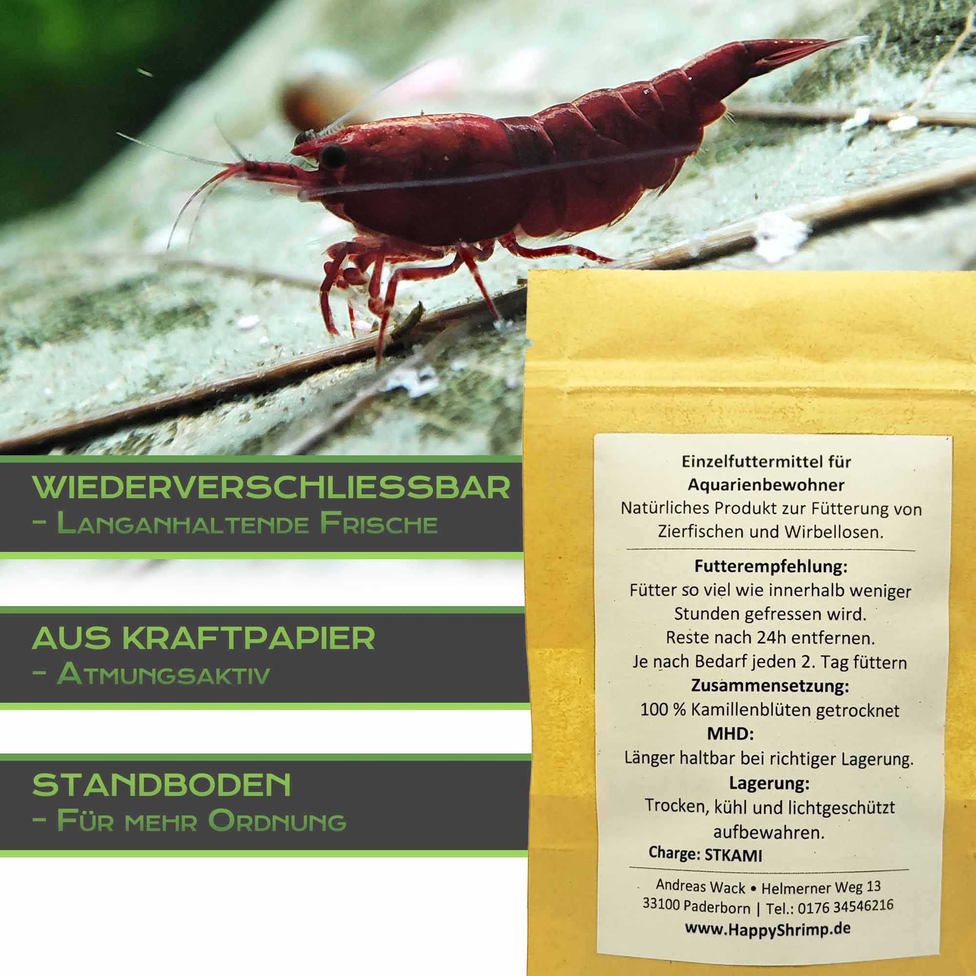 Kamilleblüten Futtersticks - Futter für Garnelen, Krebse, Schnecken und Welse2 Kamillenblüten Futtersticks eignen sich optimal für Garnelen, Krebse, Schnecken oder auch Welse.